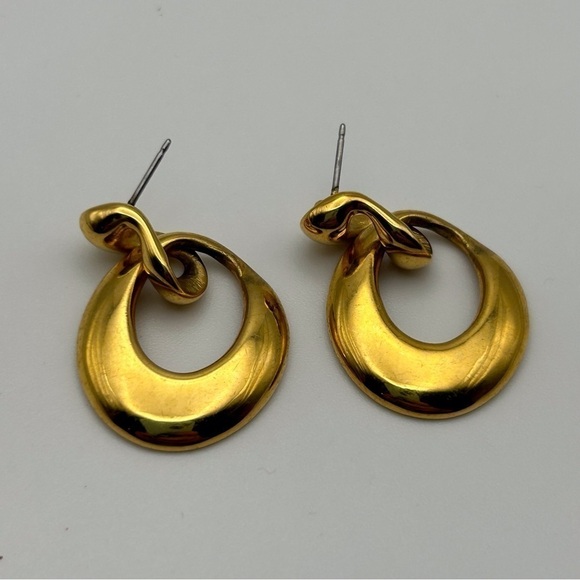 Vintage Napier Quality Rich Gold Tone Stud Round Curved Dangle Hoops - Picture 3 of 7